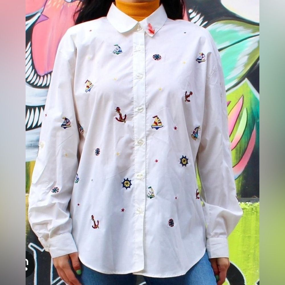 Vintage Nautical Button Up Shirt / White Long Sleeve 90's Embroidered. Size 1X